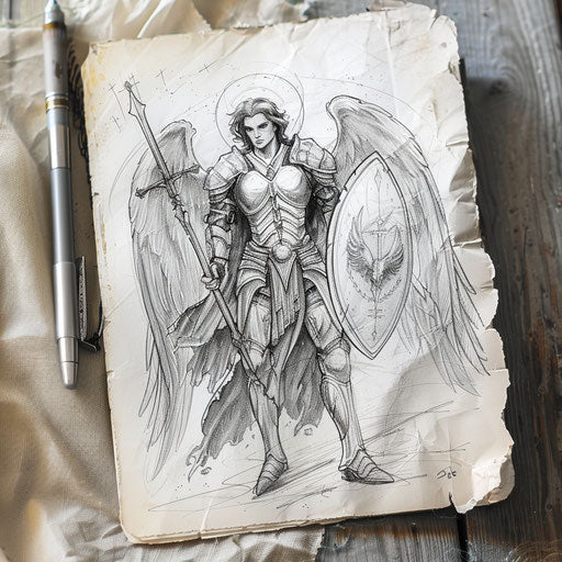 Sketch of an angel warrior holding a shield and sword, protector motif