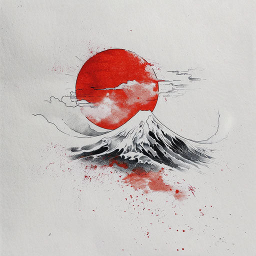 Minimalist tattoo sketch of a rising sun in red and white