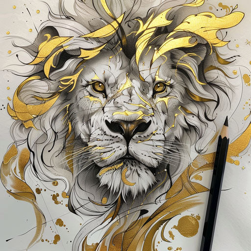 Leo zodiac tattoo sketch featuring majestic lion in golden hues
