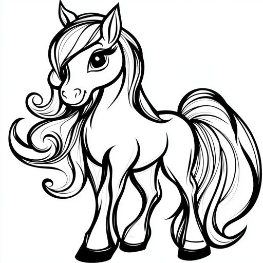 Simple pony for kids with bold lines in the style of Jen Bartel,Coloring book page