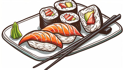 Plate of sushi and sashimi with chopsticks