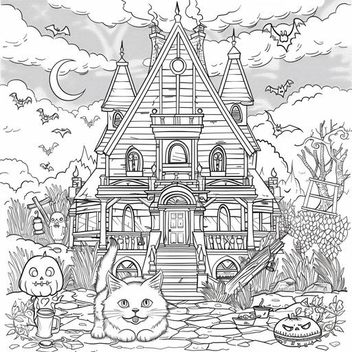 Kitten exploring a haunted house with a flashlight