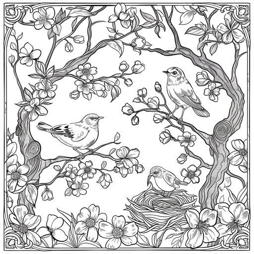 Birds nesting in a blossoming tree