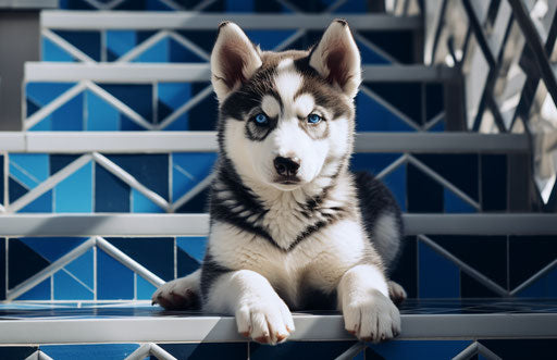 Young husky puppy lying on the steps of a beautiful house