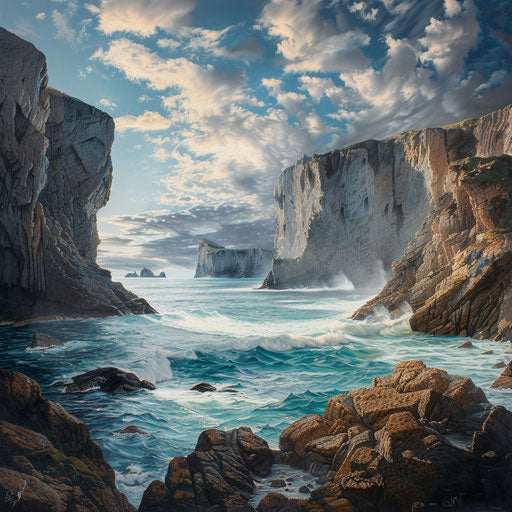 Panoramic view of a rocky beach with serene waters and dramatic cliffs