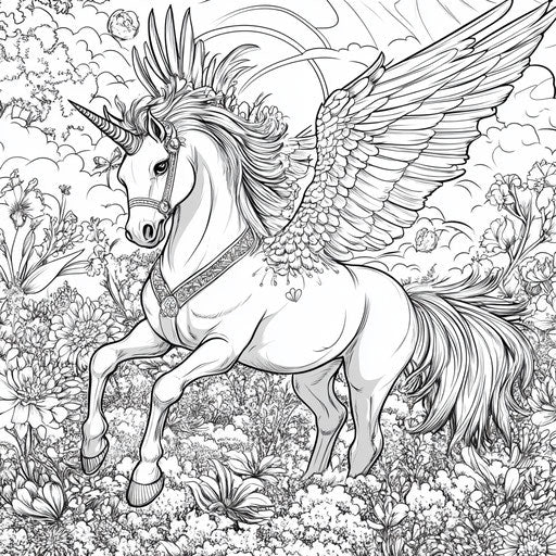 Whimsical pegasus in a fantasy garden
