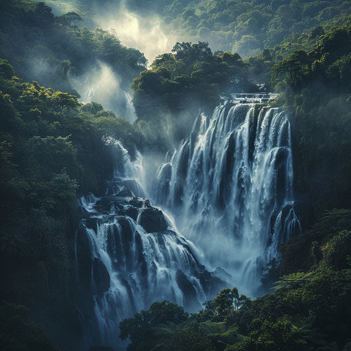 Dudh Sagar Waterfalls with dramatic lighting and misty ambiance