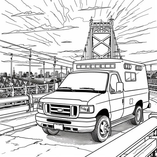 Ambulance crossing a bridge with a beautiful sunset