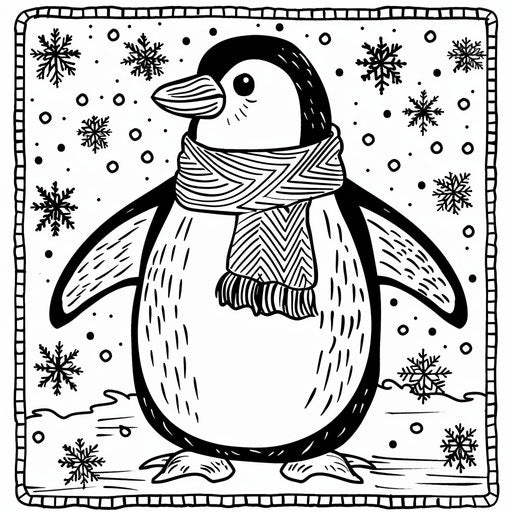 Bold penguin outline on falling snowflakes background