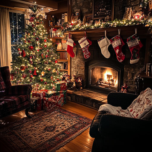 Warm Christmas atmosphere with fireplace and glowing tree