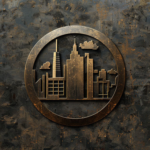 Industrial real estate logo with metallic textures and rugged background