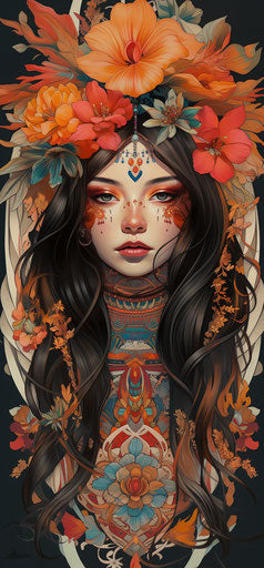 A tribal design with a woman in her hair