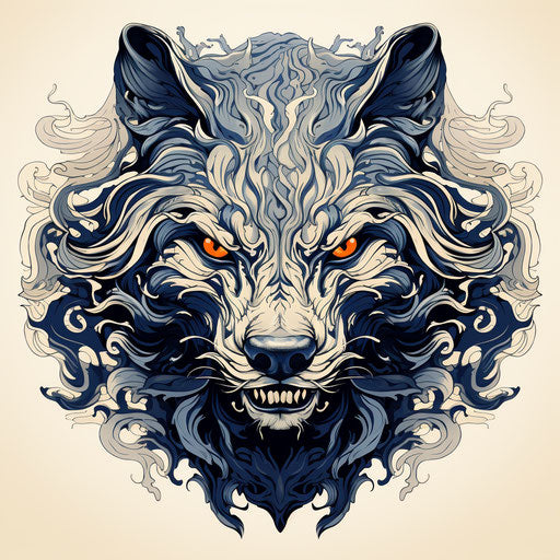 Angry wolf head, intricate composition, beige and navy