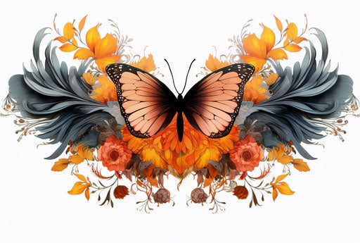 Vintage flower and wing tattoo, handmade flower design