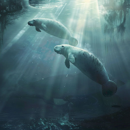 Manatees in a misty underwater scene, ethereal and serene