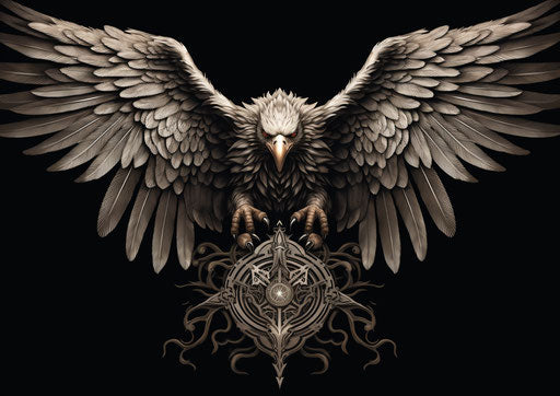 Black and white illustration of sycogreco eagle, symmetrical design