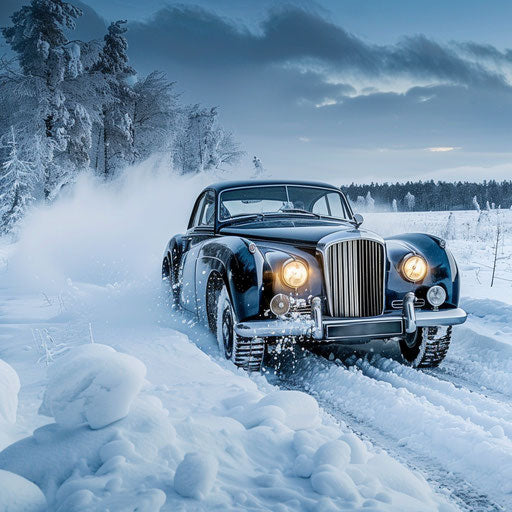 Winterized Bentley R Type Continental crossing snowy landscape