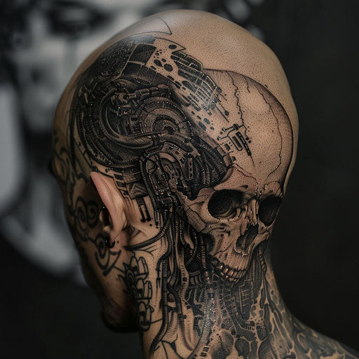 Head tattoos with sci-fi aesthetics