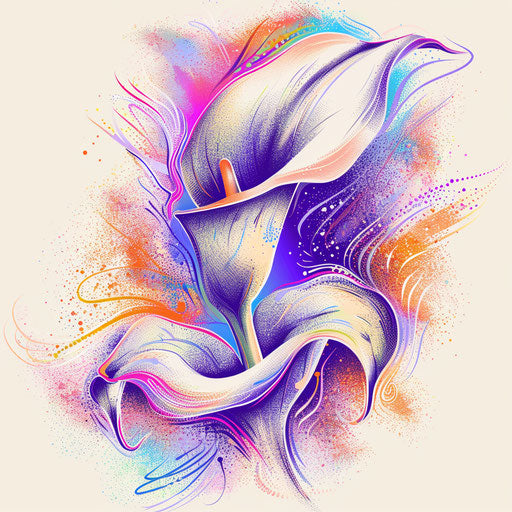 Dynamic clipart-style tattoo sketch of a calla lily with exploding particles effect in bright hues