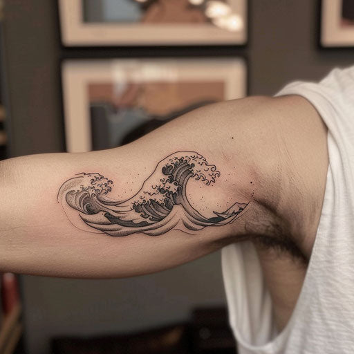 Minimalist waves tattoo on bicep, Steve Sack style