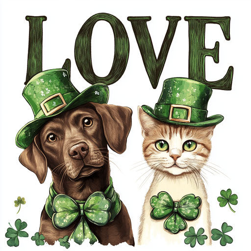 St. Patrick's Day, a cute Labrador Retriever and a cat wearing green hats with clovers