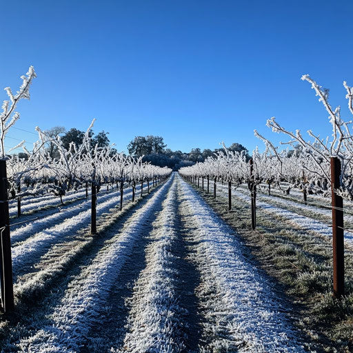 Winter vineyard under rime ice and clear blue sky