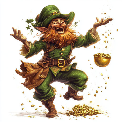 Dancing leprechaun with pot of gold on white background