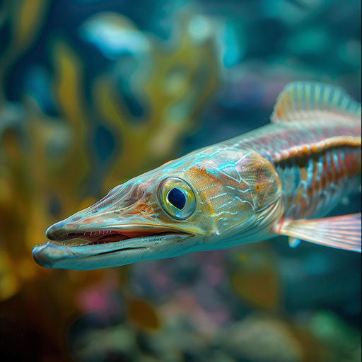 Curious sturgeon in quirky aquatic backdrop