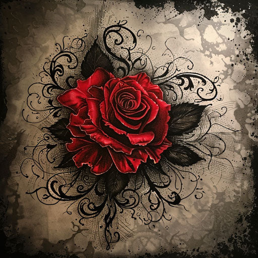 Gothic tattoo sketch of a red rose with dark shadows and intricate blackwork