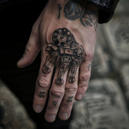 Ring finger tattoos with mechanical elements