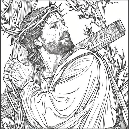 Jesus holding a cross. Coloring book page