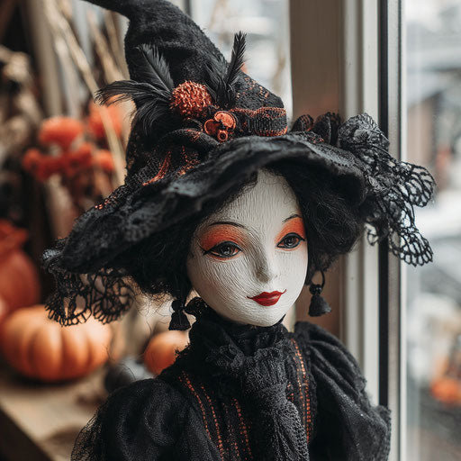 A witch doll in an ornate hat and black clothing