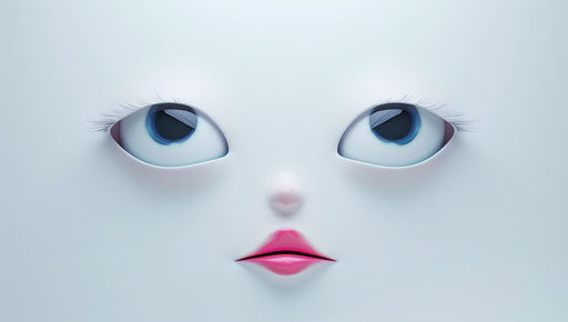Two eyes and mouth emoji, pink lips, white background, 37:21