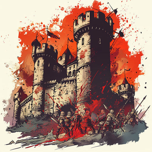 Dynamic tattoo sketch of a medieval castle under siege with knights and archers, in bold reds and browns, in an action-packed clipart style