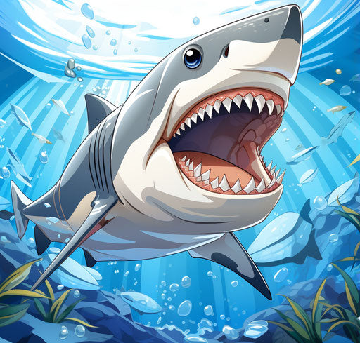 The cartoon shark is smiling in the ocean