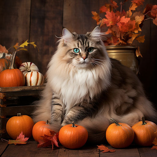A Siberian cat resting with pumpkins