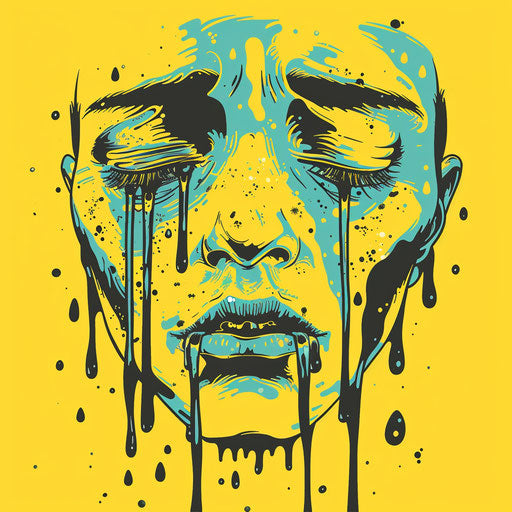 Crying emotion with a blow, in the style of unapologetic grit, poured, environmental awareness, dark yellow and light blue, poetcore, avocadopunk, absence of color