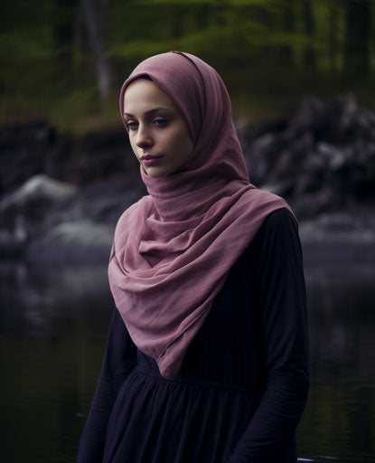 Girl by the river in pink hijab, dark violet and light bronze