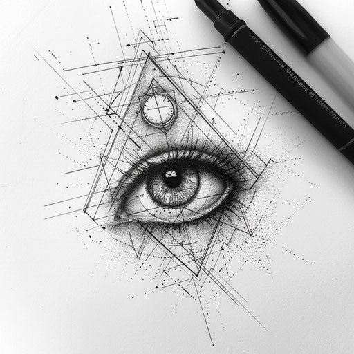 Geometric tattoo design of an eye with sacred geometry and mysticism elements on white paper