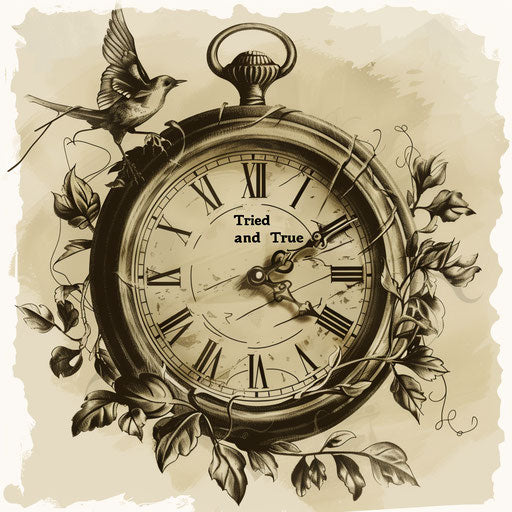 Vintage clock with inscription 'Tried and True'