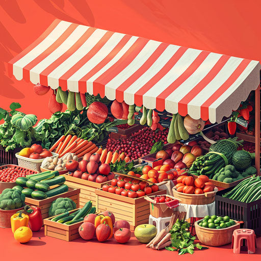 Realistic market clipart on vibrant coral background