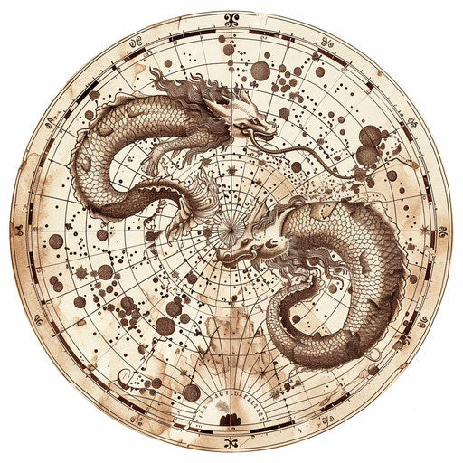 Vintage nautical map style illustration of the Hydra constellation tattoo in sepia tones