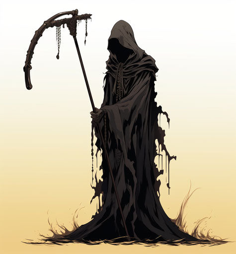 Black death with scythe, anime style, symbolic props, xbox 360 graphics