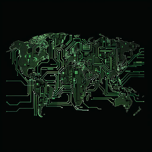Tech map logo with circuit board pattern representing continents and oceans