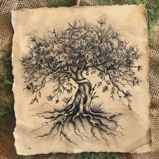 Vintage tree of life tattoo drawing on canvas