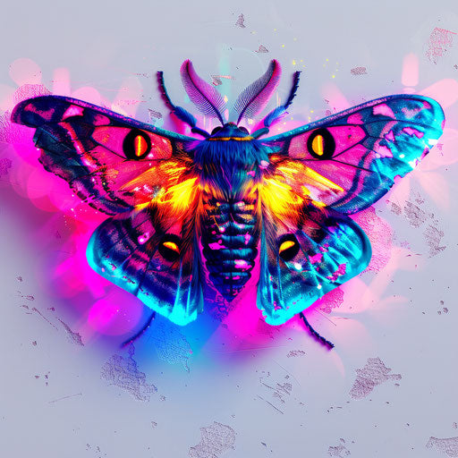 Death moth tattoo with neon colors on white surface