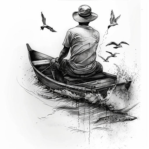 Stylish black and grey tattoo design of a fisherman in a boat