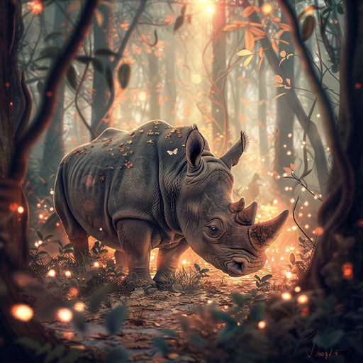 Black rhino in a whimsical forest