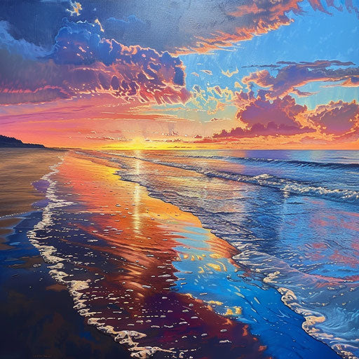 Sandy beach at sunset with vibrant colors reflecting on the ocean