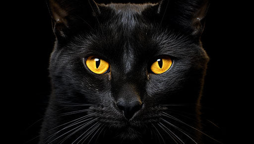 Black cat with yellow eyes on black background, Keith Carter style